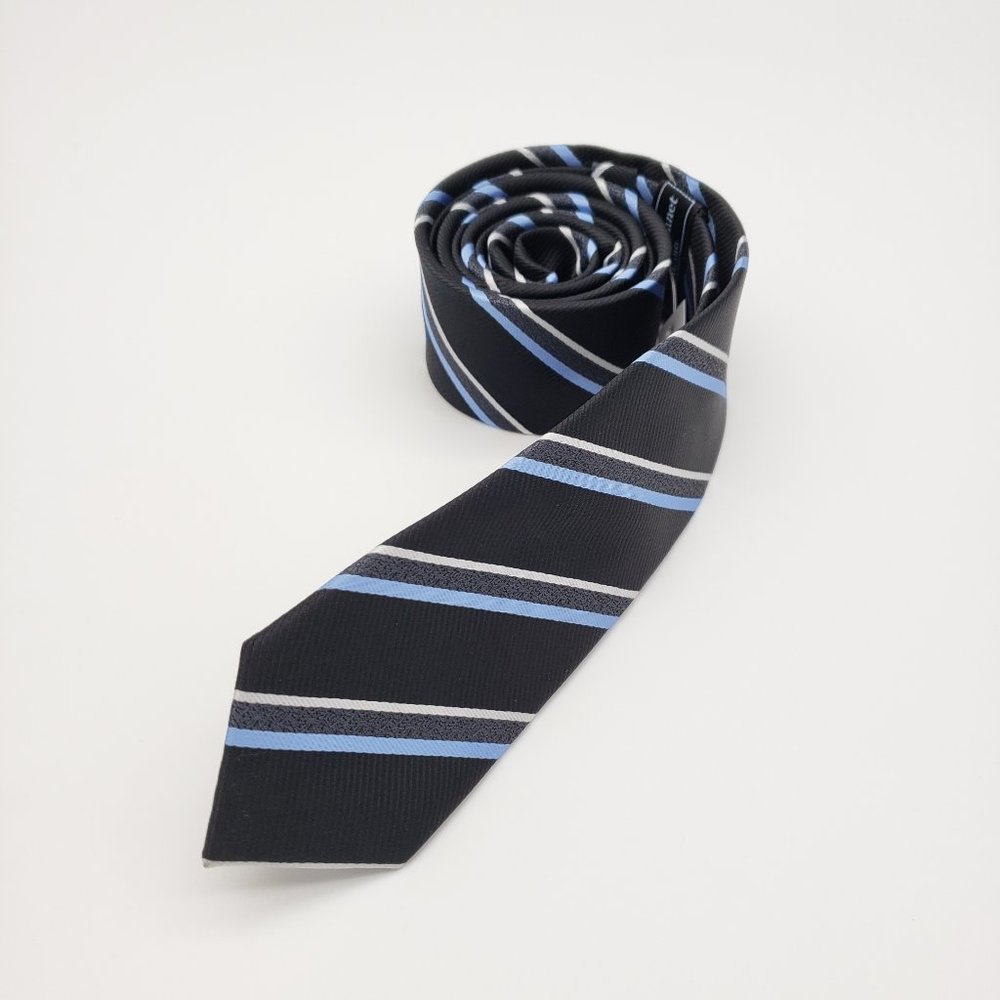 Laurant Bennet Milano Men's Dress Skinny Neck Tie Black Blue Stripe 57"L 2 1/8"W - Picture 2 of 8